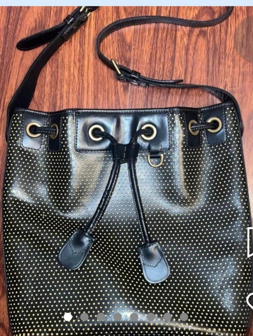 Black Studded Drawstring Shoulder Bucket Bag with Gold Hardware
